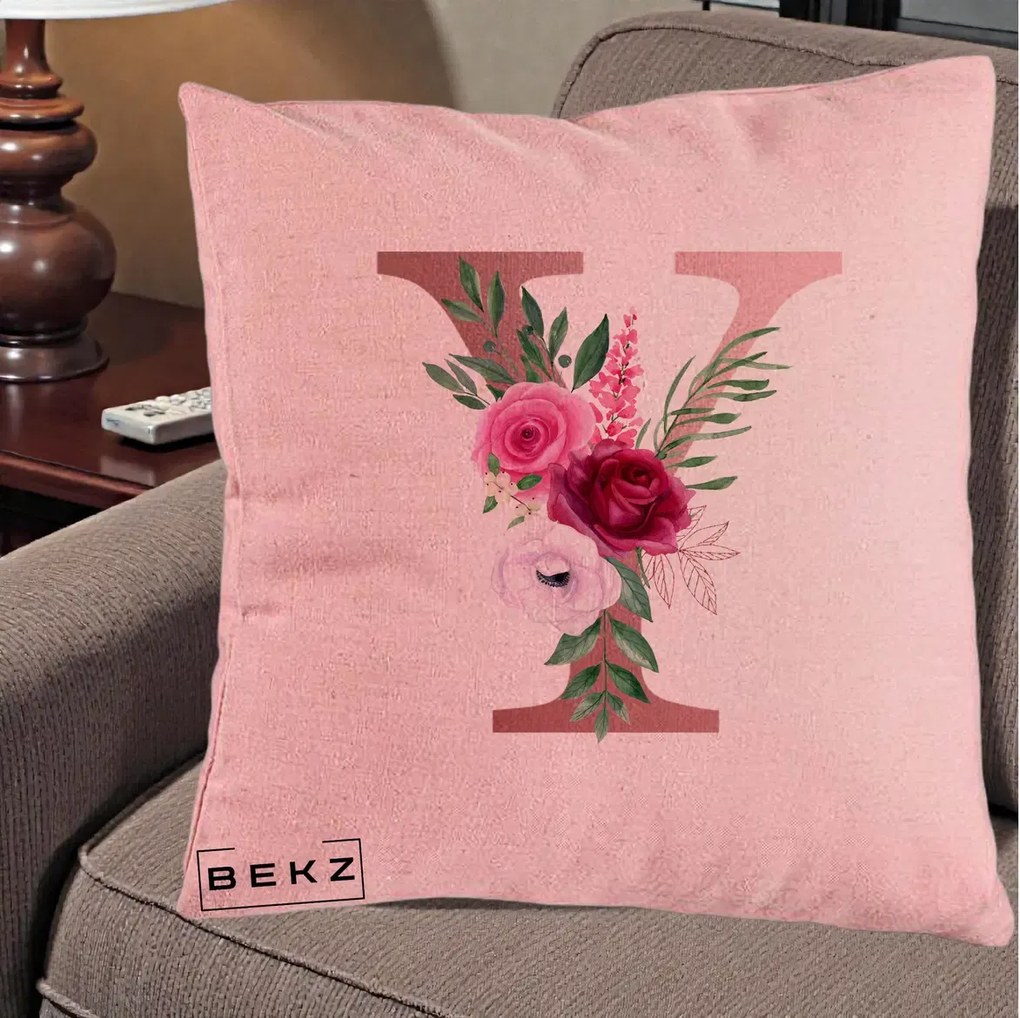 Cadou Personalizat - Perna Personalizata Monograma Rose Gold Litera Y, 40x40 cm, Roz, Husa Detasabila, Perna Inclusa, BEKZ®