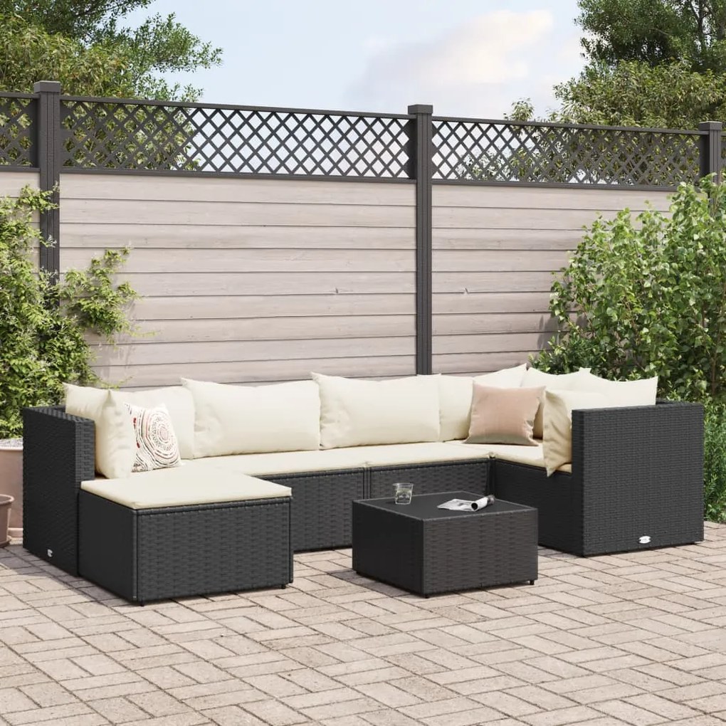 3308216 vidaXL Set mobilier de grădină cu perne, 7 piese, negru, poliratan