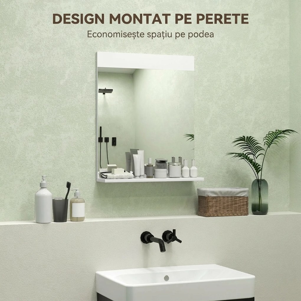 HOMCOM Oglindă de Baie pentru Perete în Stil Modern, Oglindă de Baie cu Raft, 50x12x60 cm, Alb | Aosom Romania