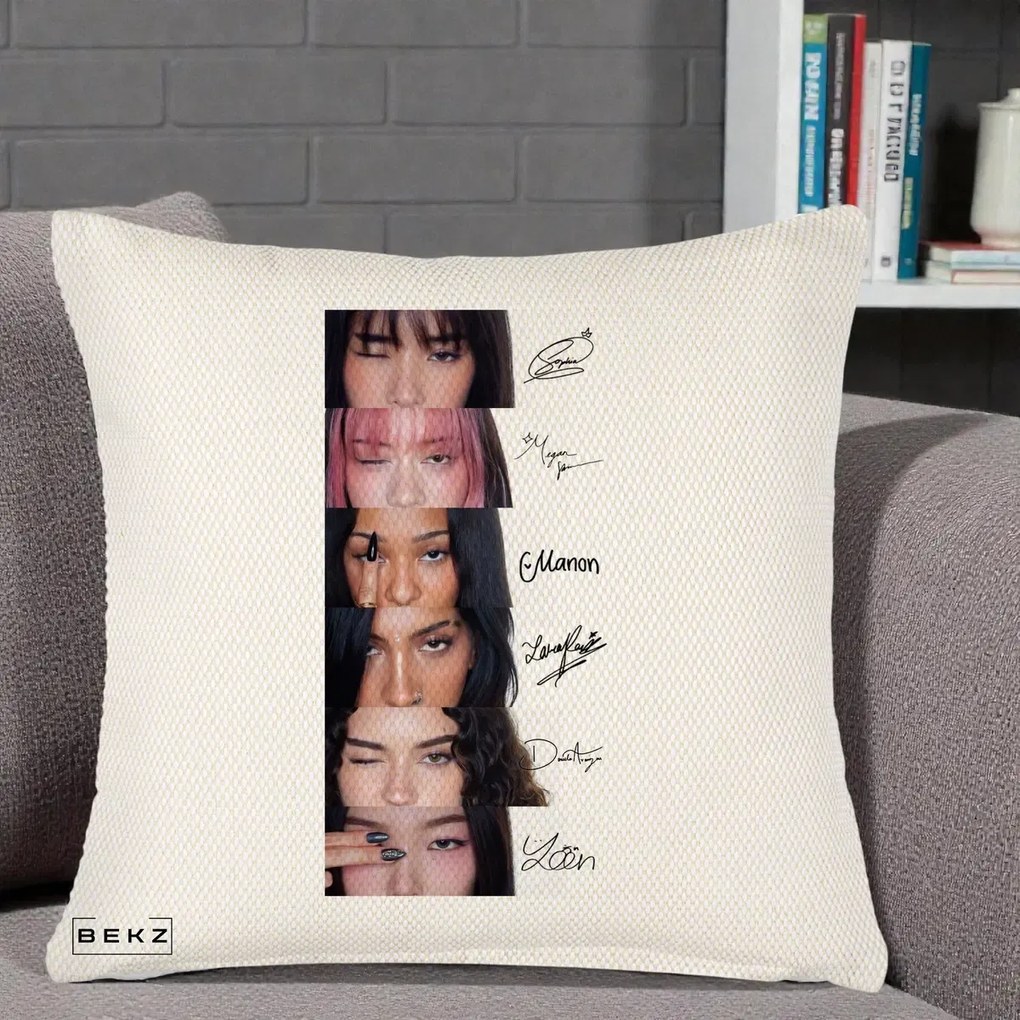 Perna Personalizata K-pop KATSEYE Semnaturi fara Foto, 40x40 cm, Crem Reliefat, Husa Detasabila, Perna Inclusa, BEKZ®