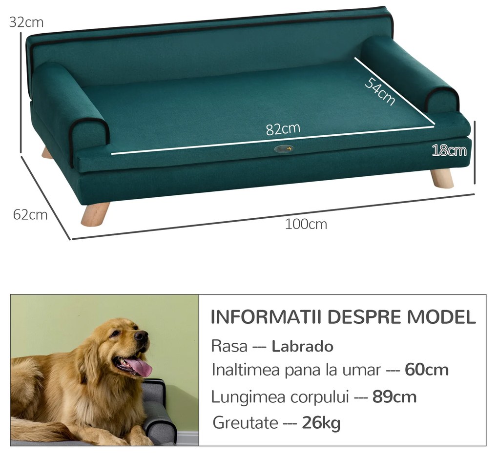 PawHut Canapea pentru Câini Căptușit, Culcuș pentru Câini cu Husă Detașabilă și Picioare din Lemn, 100x62x32 cm, Verde | Aosom Romania