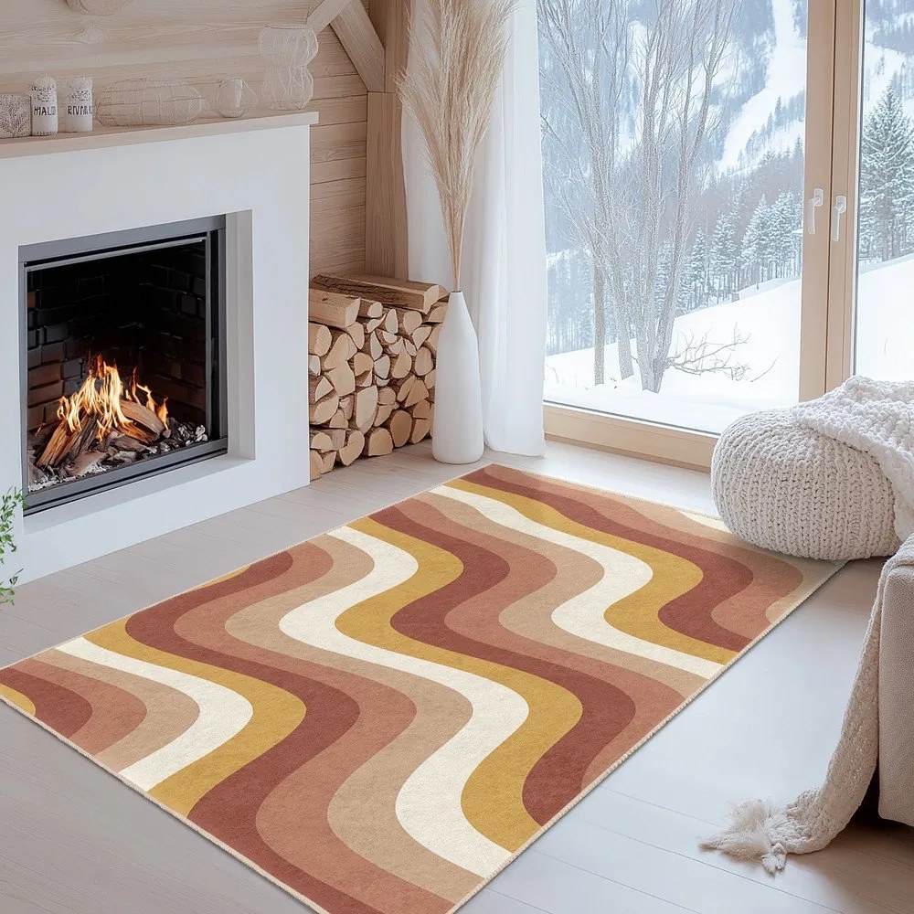 Covor tip traversă galben ocru-roz prăfuit lavabil 80x200 cm Creamy Strawberry Swirl – Mila Home