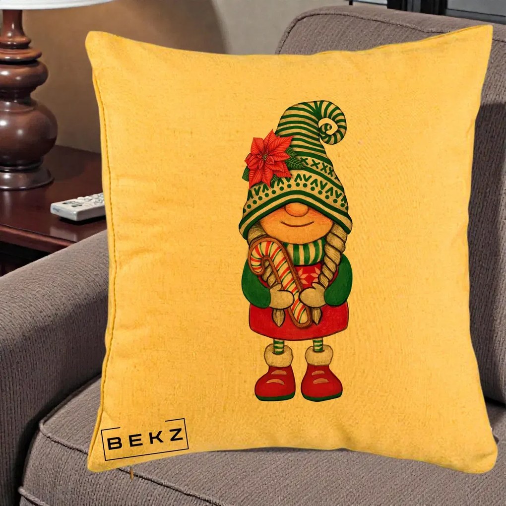 Perna Decorativa Gnom Craciun Verde cu Bomboane si Floare, 40x40 cm, Galben, Husa Detasabila, Perna Inclusa, BEKZ®