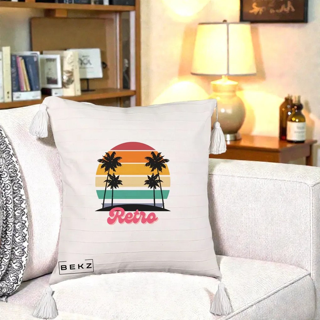 Perna Decorativa Retro Sunset Palmieri, 40x40 cm, Bej cu Franjuri, Husa Detasabila, Perna Inclusa, BEKZ®
