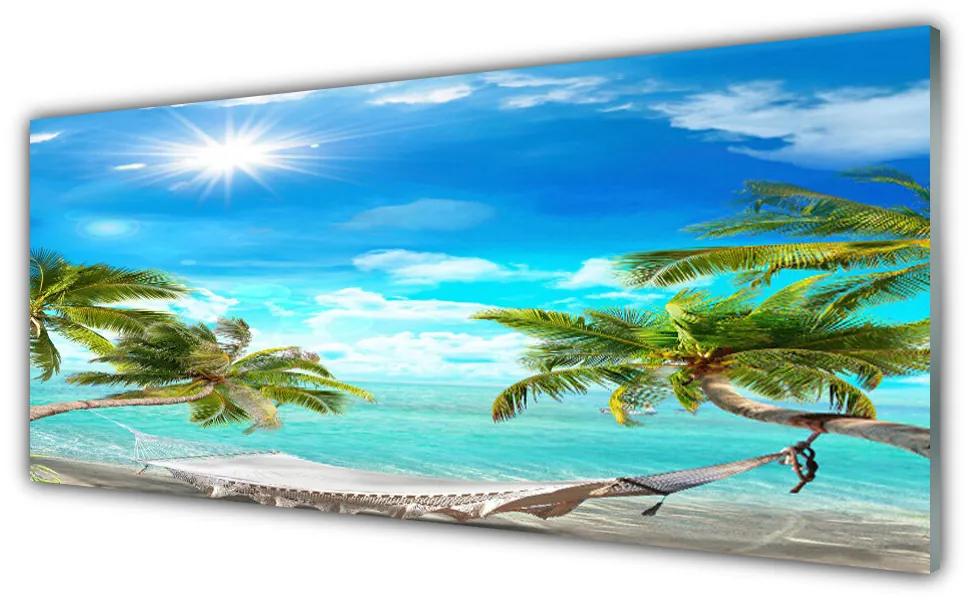 Tablouri acrilice Sun Sea Palm Hamac Peisaj Alb Albastru Maro Alb