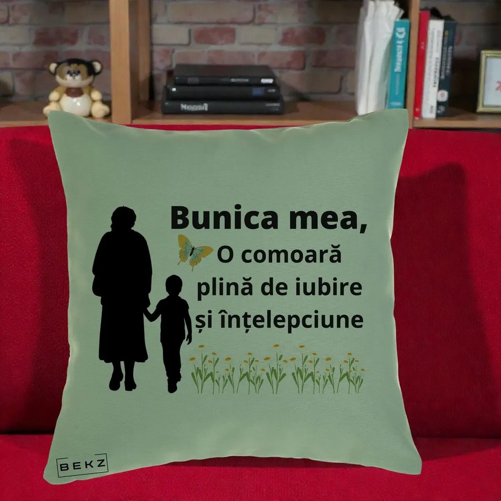 Cadou pentru Bunica - Perna Personalizata Bunica Mea Comoara cu Fluture si Baietel, 40x40 cm, Verde, Husa Detasabila, Perna Inclusa, BEKZ®