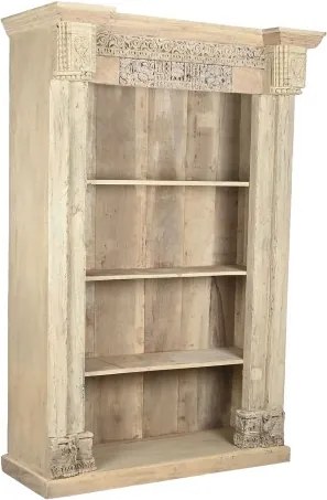 Bibliotecă înaltă din lemn masiv de tec, natur, cu 3 rafturi deschise și sculpturi vechi lucrate manual, 210 x 150 x 60 cm, „Parthenon”