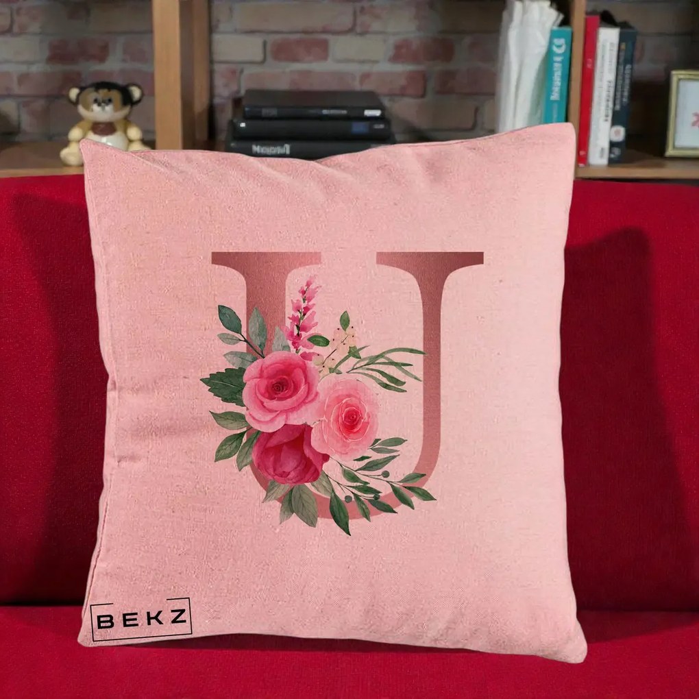 Cadou Personalizat - Perna Personalizata Monograma Rose Gold Litera U, 40x40 cm, Roz, Husa Detasabila, Perna Inclusa, BEKZ®