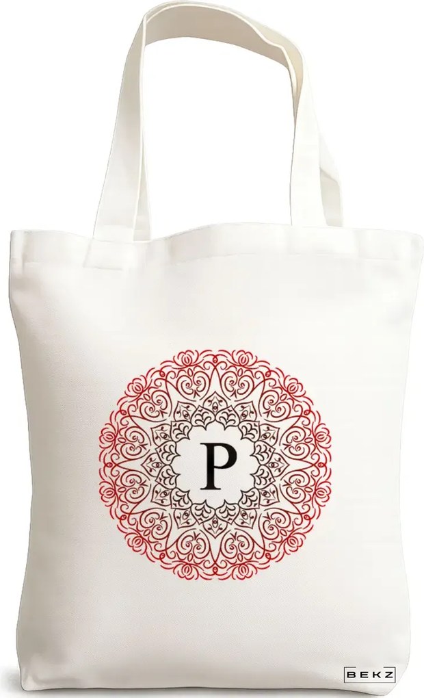 Sacosa de Panza pentru Cumparaturi, Geanta Tote, Cu litera P si Mandala, 38x34.5 cm, Alba, BEKZ®