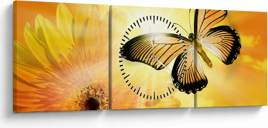 Tablou - Fluture galben cu flori (cu ceas) (90x30 cm)