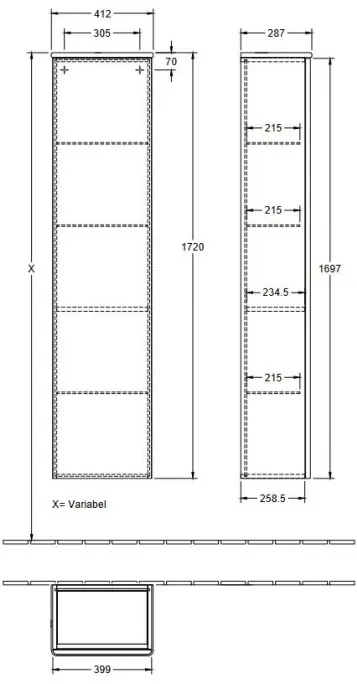 Dulap baie inalt suspendat, Villeroy&amp;Boch Antao, 41.2x28.7x172cm, alb lucios, K46100GF