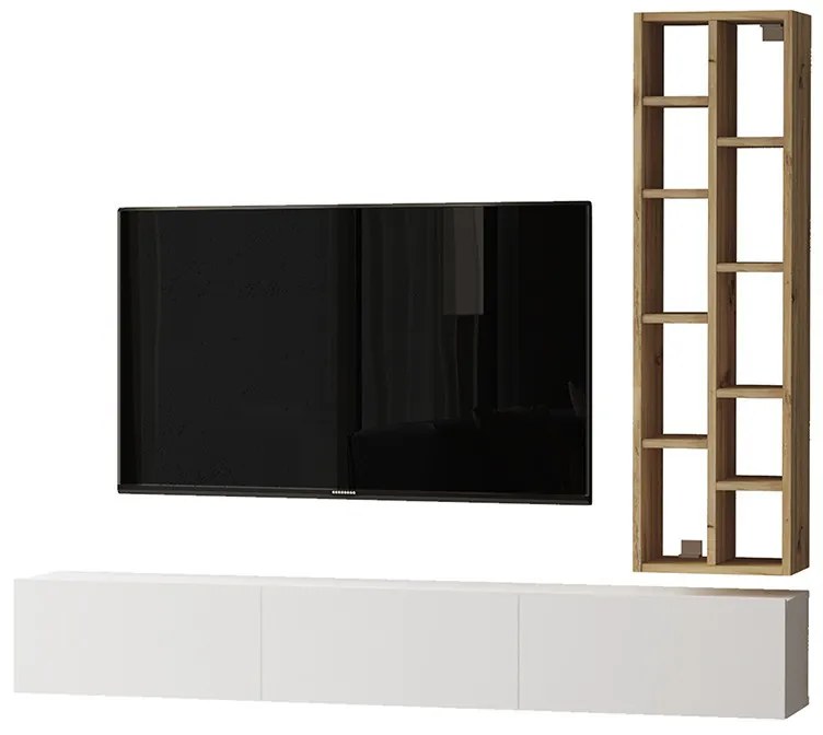 Comoda TV de perete Esmeralda alb - culoare lemn naturala 74.5x27x145cm