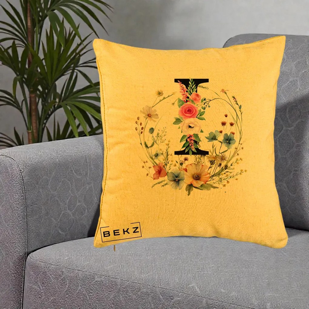 Cadou Personalizat - Perna Personalizata Monogram Litera I cu Flori Acuarela, 40x40 cm, Galben, Husa Detasabila, Perna Inclusa, BEKZ®