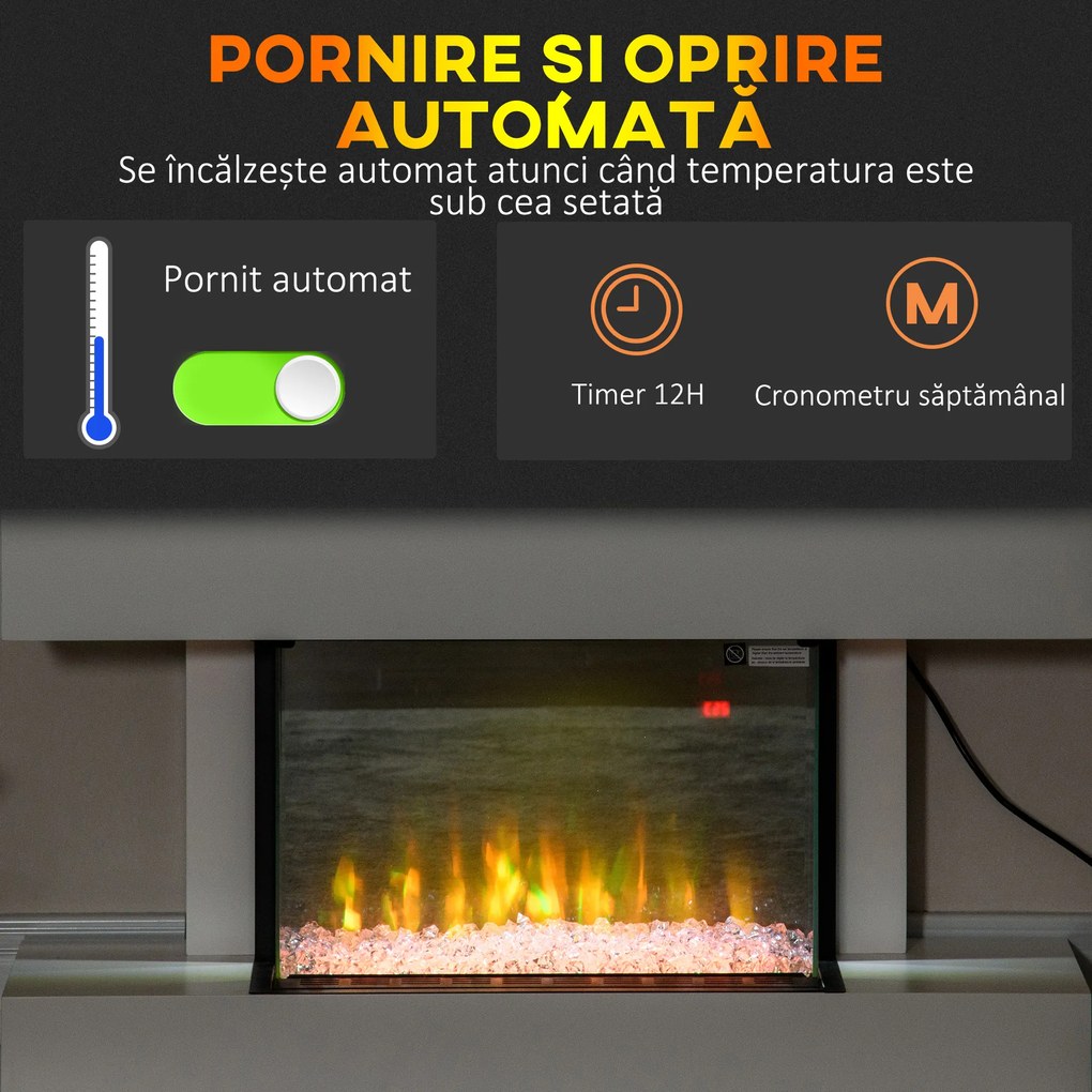 HOMCOM Șemineu Electric Independent și pentru Perete, cu Telecomandă și Protecție Împotriva Supraîncălzirii, 98x27x54,5 cm, Alb | Aosom Romania