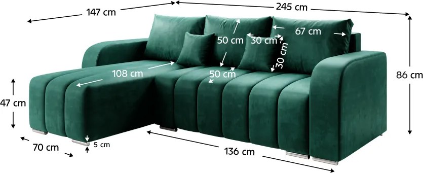 Canapea extensibilă, culoare smarald, stânga, PORIMA ROH