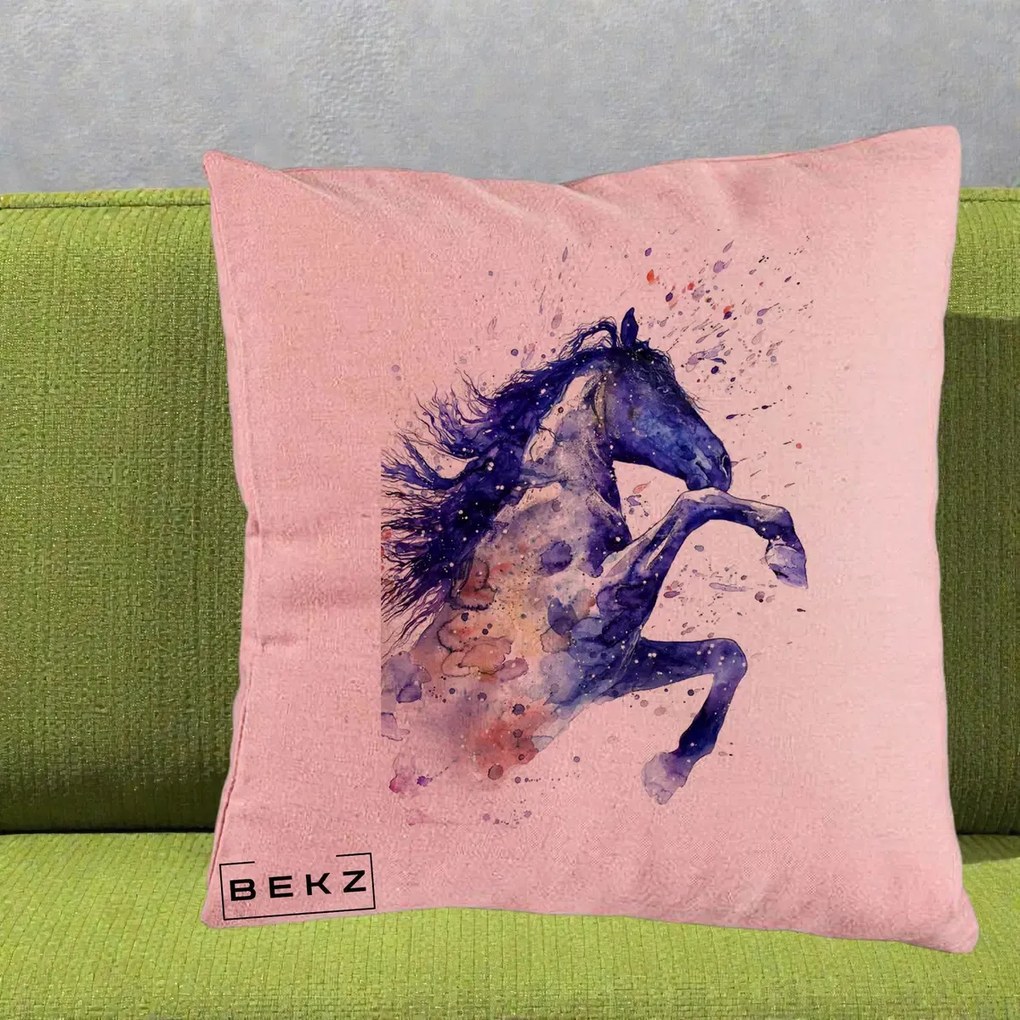 Perna Decorativa Cal Albastru Acuarela, 40x40 cm, Roz, Husa Detasabila, Perna Inclusa, BEKZ®