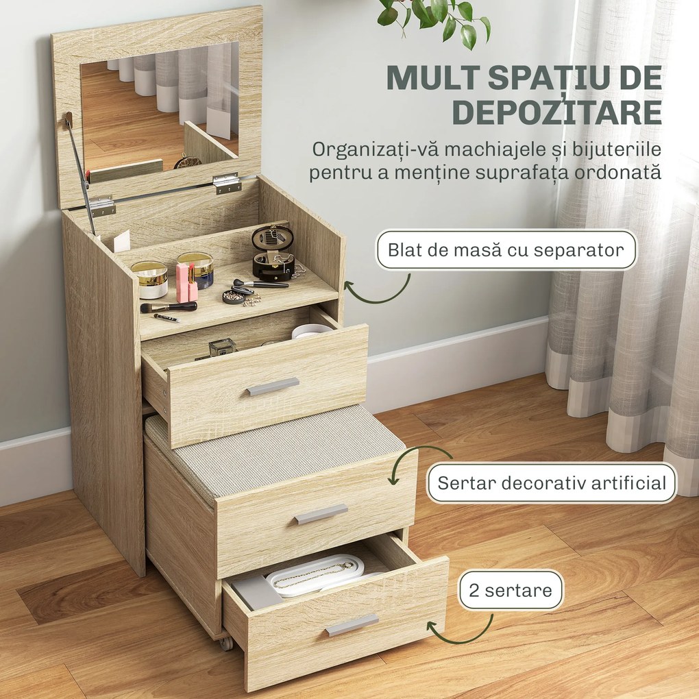 HOMCOM Masă de Toaletă cu Oglindă Rabatabilă, Natural | Aosom Romania