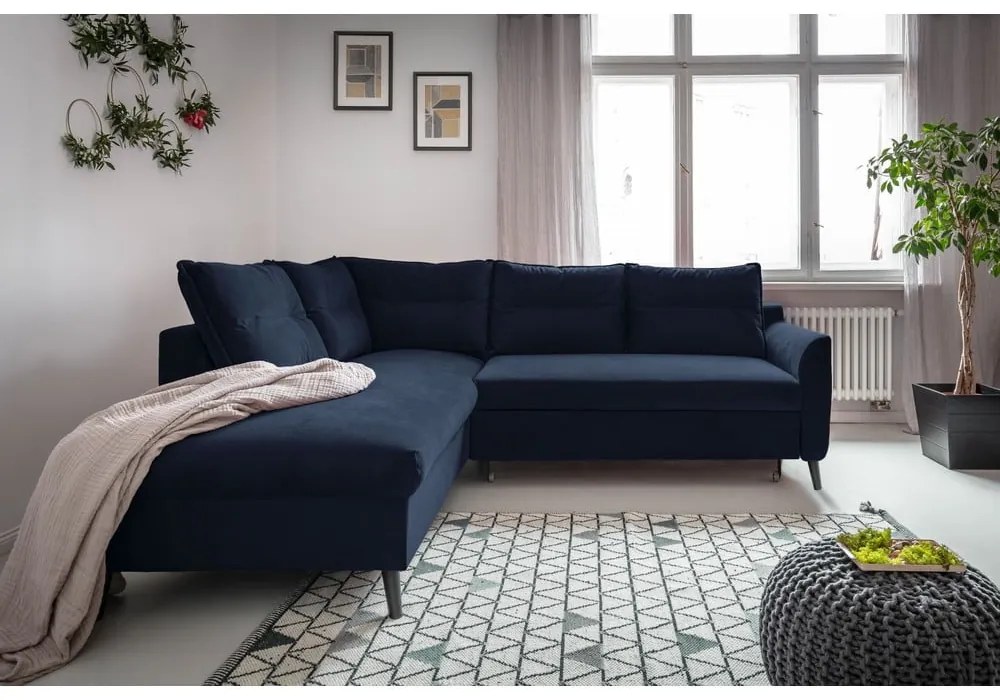 Colțar extensibil din catifea cu șezlong pe partea stângă Miuform Stylish Stan L, albastru deschis