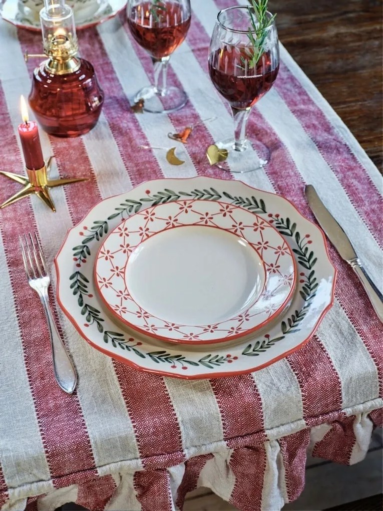 Farfurie din ceramică artizanală natur, cu motive florale pictate manual roșu și bordură decorativă, 19,5 cm, „Marion Clover"