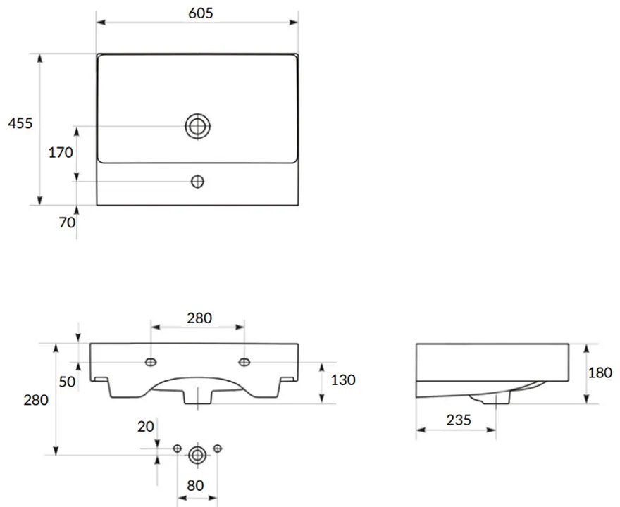 Lavoar suspendat alb 60 cm, dreptunghiular, Cersanit Inverto 605x455 mm