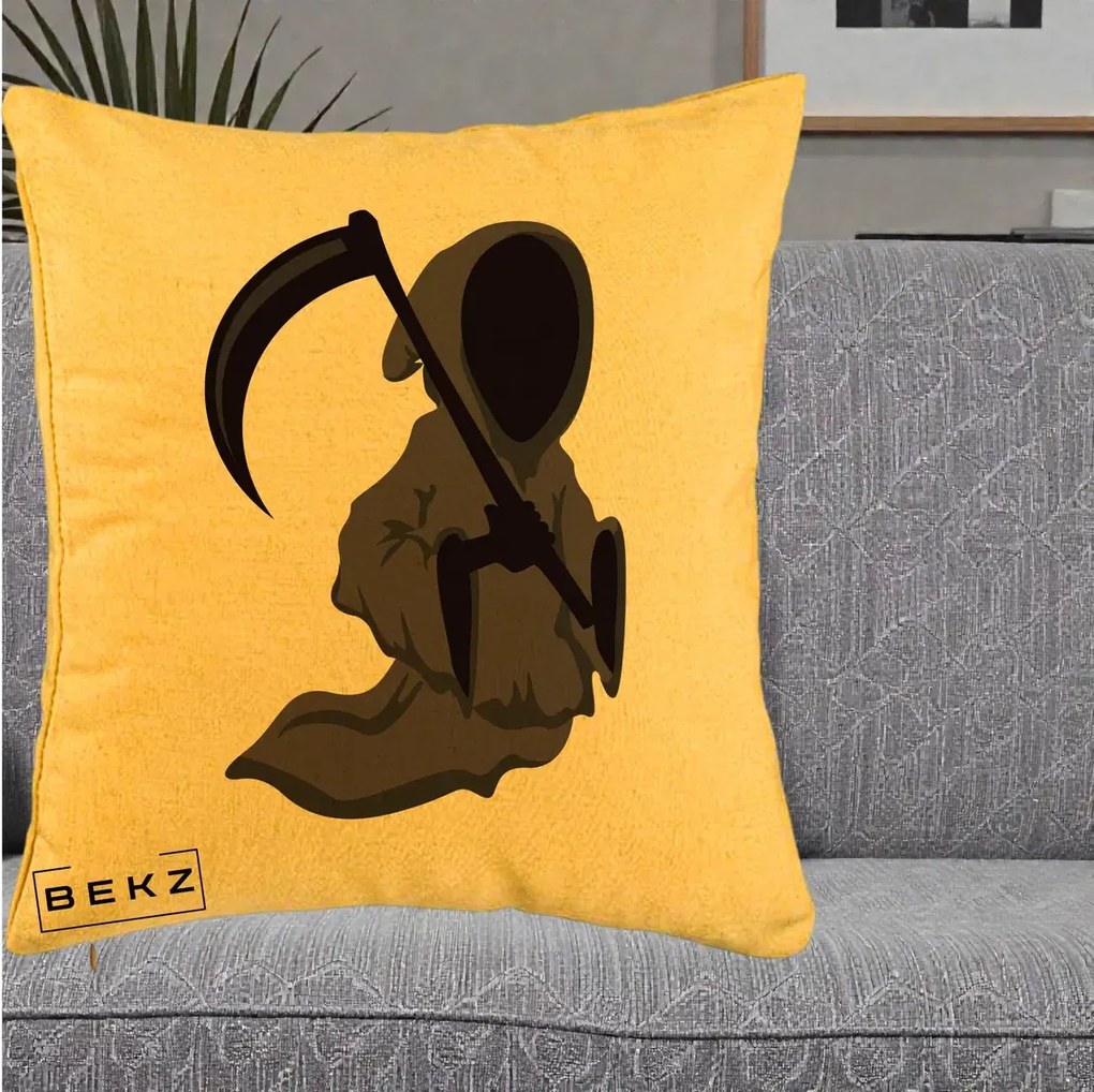 Perna Decorativa Moartea cu Coasa Grim Reaper Halloween, 40x40 cm, Galben, Husa Detasabila, Perna Inclusa, BEKZ®