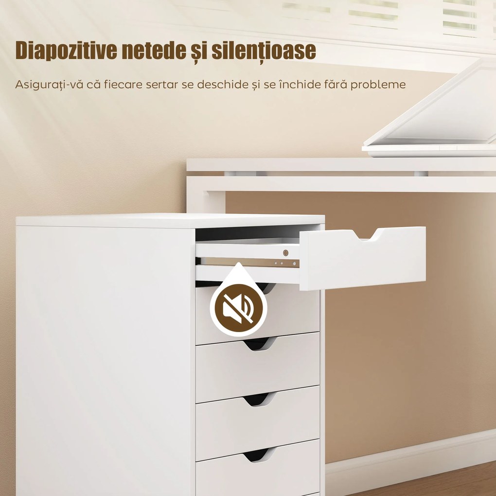 HOMCOM Sertar de Birou cu 6 Sertare Soft Close, 4 Roți, Sertar de Birou pentru Scrisori/Format A4, Dulap Vertical pentru Studio Imprimantă, 40x35x63 cm, Alb | Aosom Romania