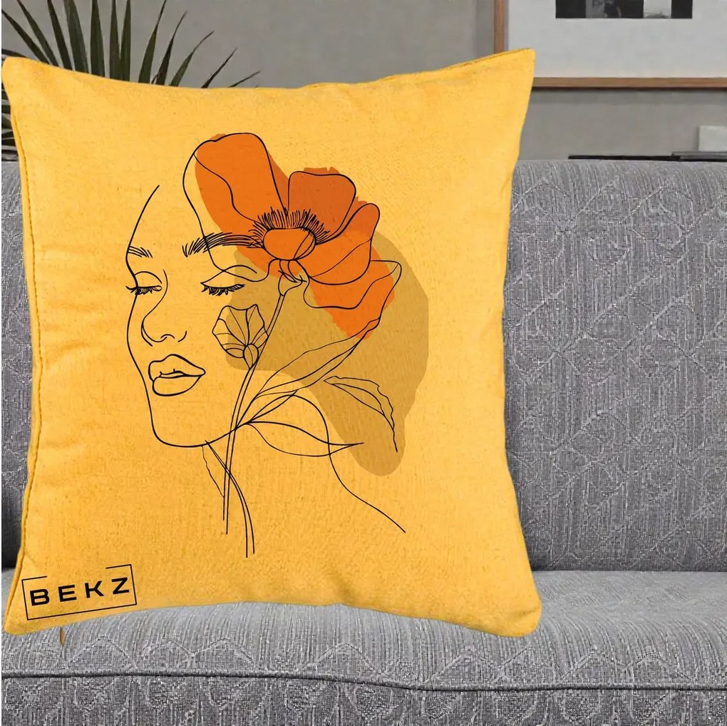 Perna Decorativa Portret Feminin Mac Mare Portocaliu, 40x40 cm, Galben, Husa Detasabila, Perna Inclusa, BEKZ®