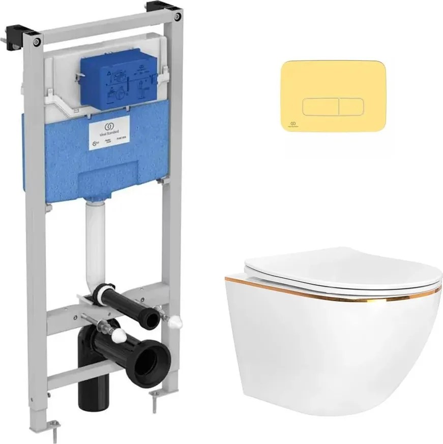 Pachet vas wc suspendat Rea Carlo, capac softclose, rezervor Ideal Standard Ideal Standard ProSys si clapeta Ideal Standard ProSys auriu