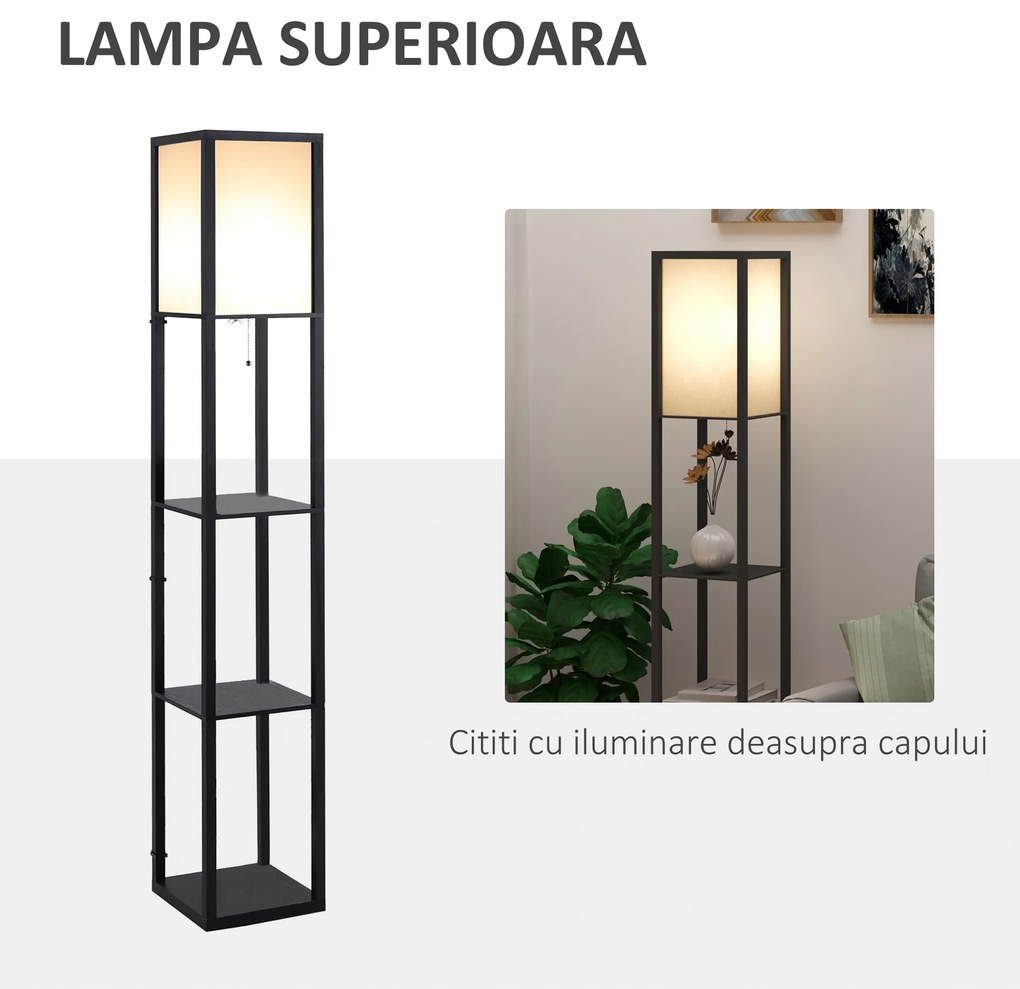 HOMCOM Lampă de podea cu rafturi pentru cărți, Design Modern, 3 Nivele, Cablu Metalic, 26x26x160cm, Negru-Alb | Aosom Romania