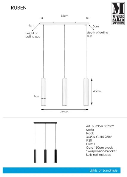 Markslöjd 107882 - Lustră pe cablu RUBEN 3xGU10/35W/230V