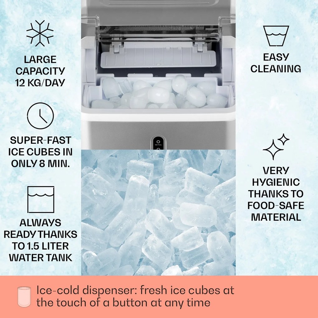 Klarstein Chillout, aparat pentru gheață, bucăți rotunde de gheață, 12 kg / 24 ore, rezervor de apă: 1,5 l, argintiu