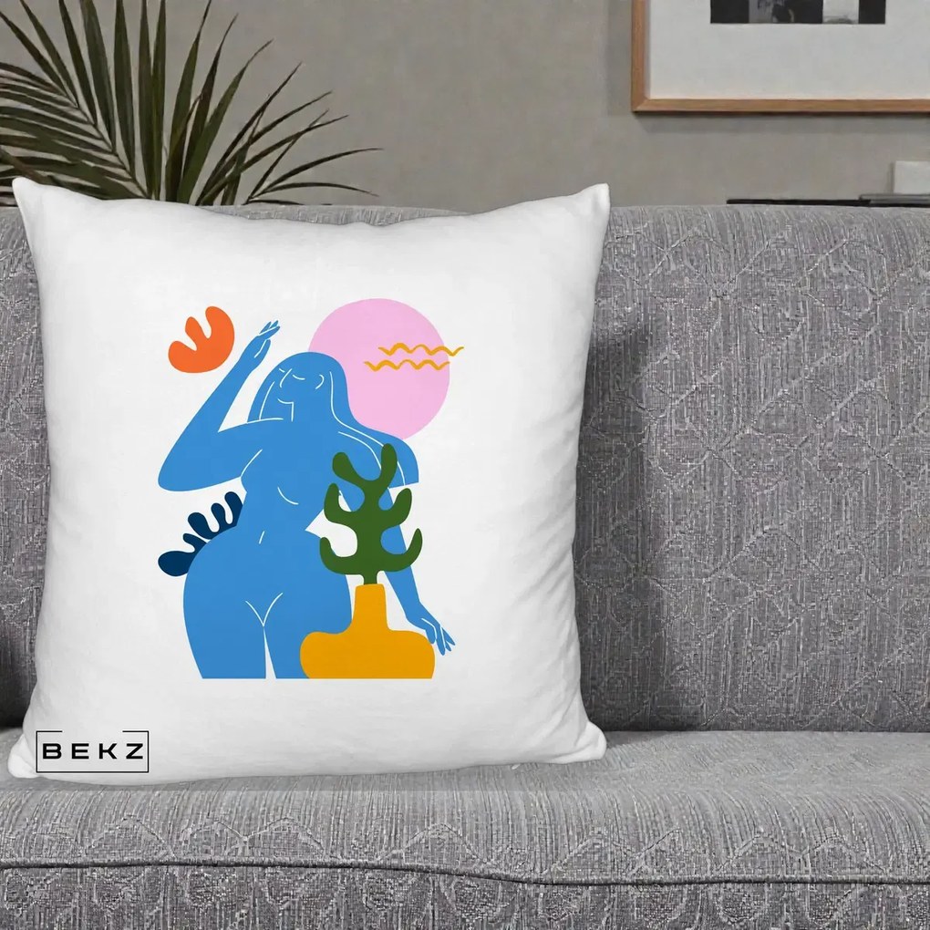 Perna Decorativa Femeie Albastra Cactus, 40x40 cm, Alb Pufos, Husa Detasabila, Perna Inclusa, BEKZ®