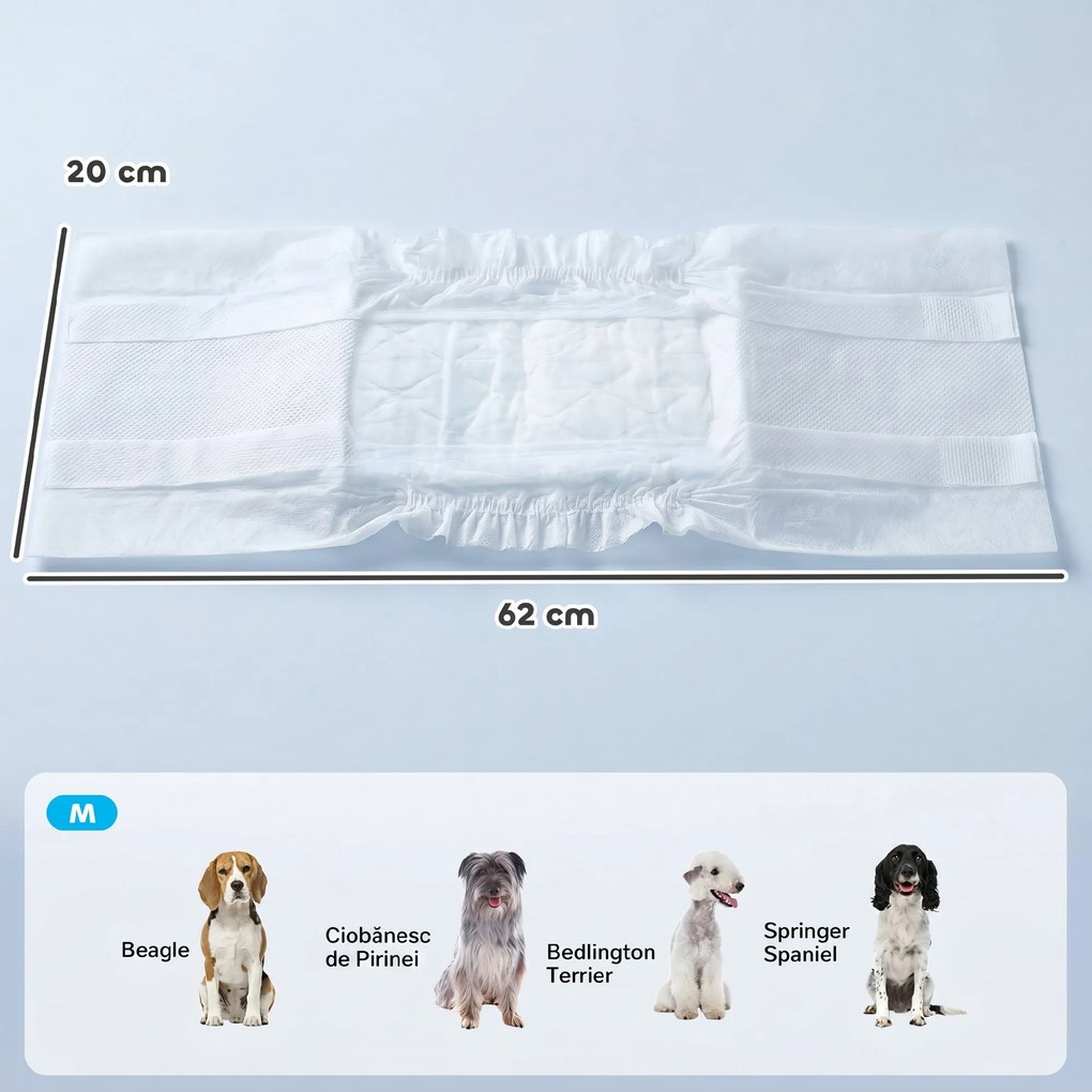PawHut Scutece pentru Câini Masculi, 48 Bucăți cu Bandă Elastică Reglabilă, 62 x 20 cm, Alb | Aosom Romania