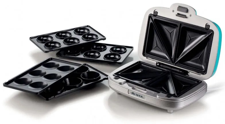 Aparat 3in1 pentru preparare gogosi, briose si sandvisuri Ariete PARTY TIME 1972/01, 700W, 3 placi detasabile, Turcoaz