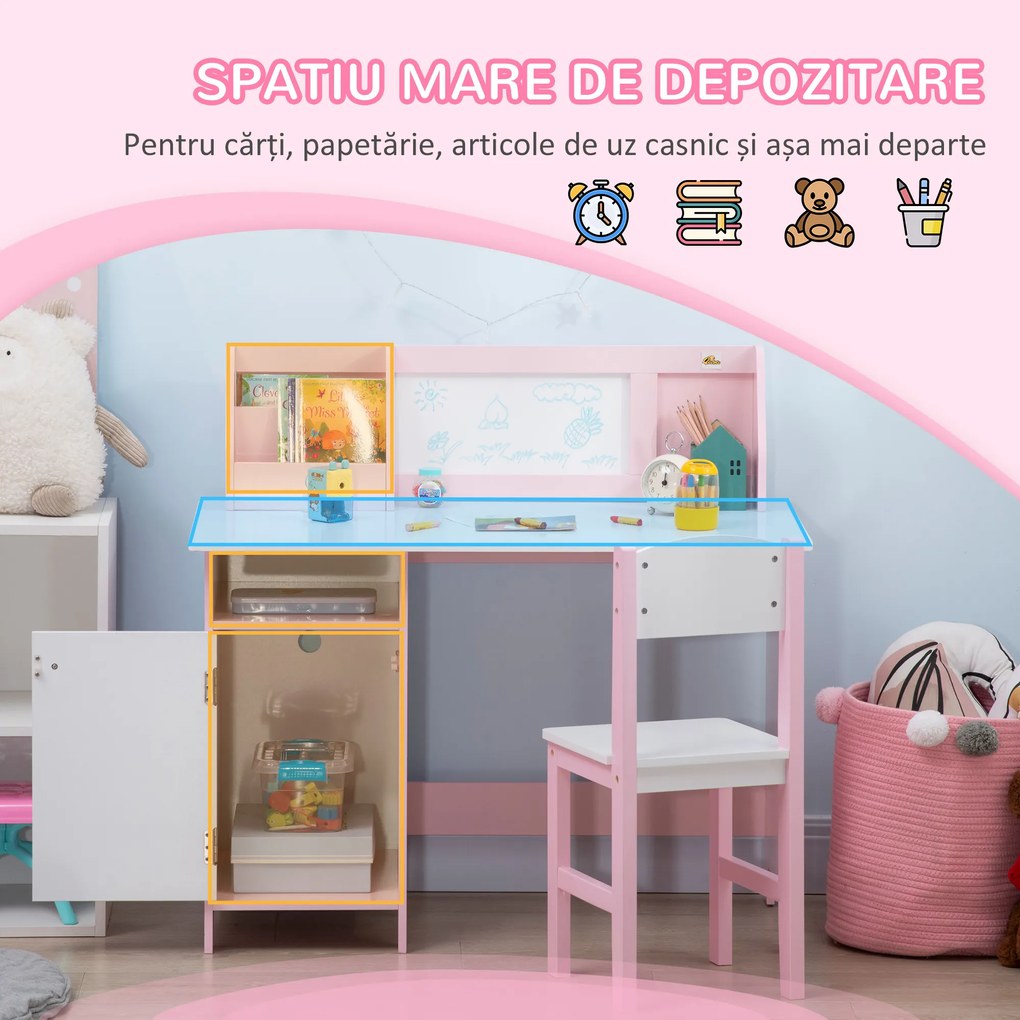 HOMCOM Set Masă și Scaune pentru Copii 5-8 Ani cu Spațiu de Depozitare, Tablă și Scaun, 90x45x85 cm, Roz | Aosom Romania