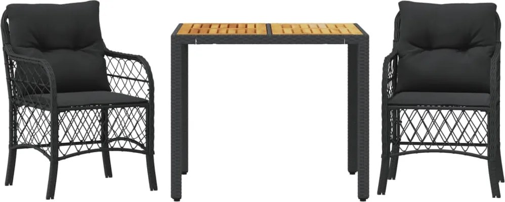 vidaXL Set bistro cu perne, 3 piese, negru, poliratan