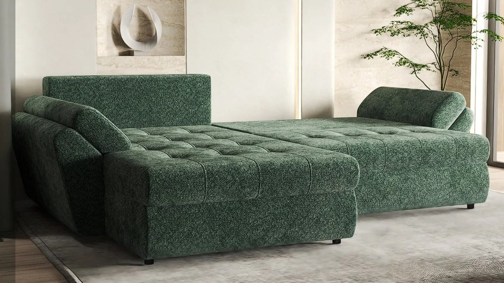 Colțar extensibil dumonde cu ladă de depozitare si sezut confortabil din spuma high-density, Loana Euphoria Green 270x185 cm