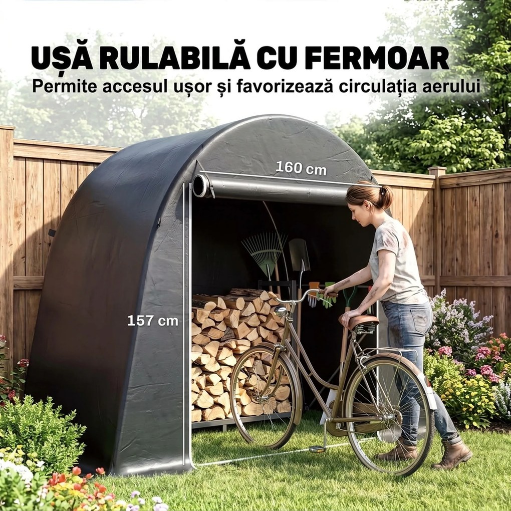 Outsunny Cort de Depozitare de 2.45 x 1.2 m, Impermeabil pentru Biciclete cu Ușă cu Fermoar și Cadru din Oțel Zincat, Gri Închis | Aosom Romania