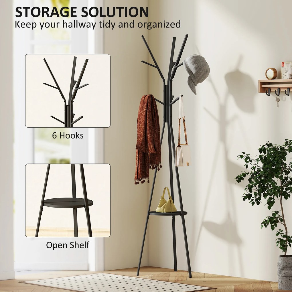 HOMCOM Cuier în Formă de Pom Design Modern, Metal Negru, Ideal pentru Hol, 45x45x180 cm | Aosom Romania