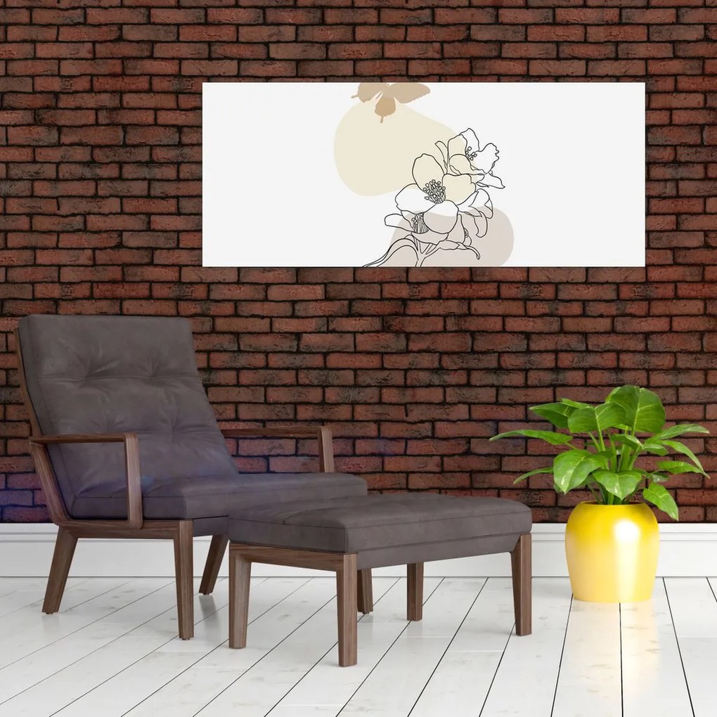 Tablou - Flori bej cu fluture N⁰3 (120x50 cm)