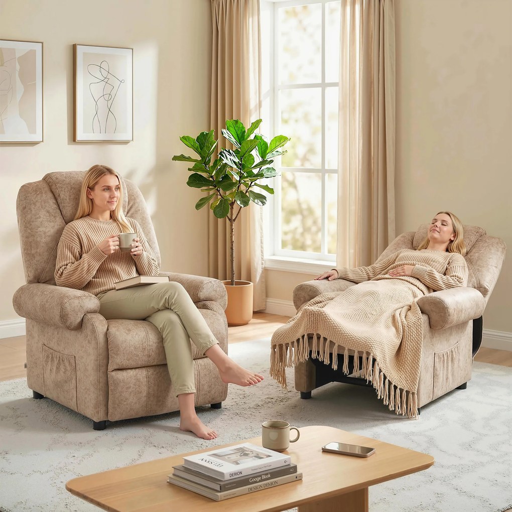 HOMCOM Fotoliu cu Înclinare Manuală Tapițat cu Suport Retractabil pentru Picioare și Buzunare Laterale, 88x91x108 cm, Bej | Aosom Romania