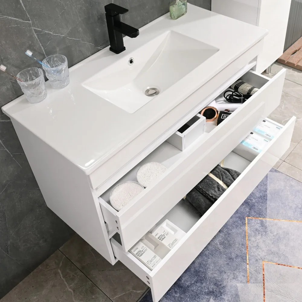 Mască de baie Cube 100 cu chiuvetă ceramică, 2 sertare, vopsită în alb lucios