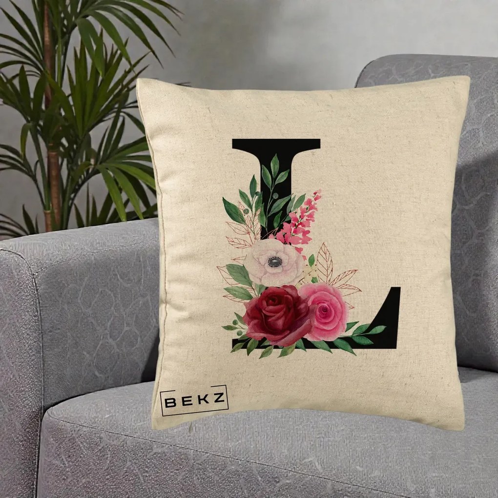 Cadou Personalizat - Perna Personalizata Monograma Florala Litera L, 40x40 cm, Bej, Husa Detasabila, Perna Inclusa, BEKZ®