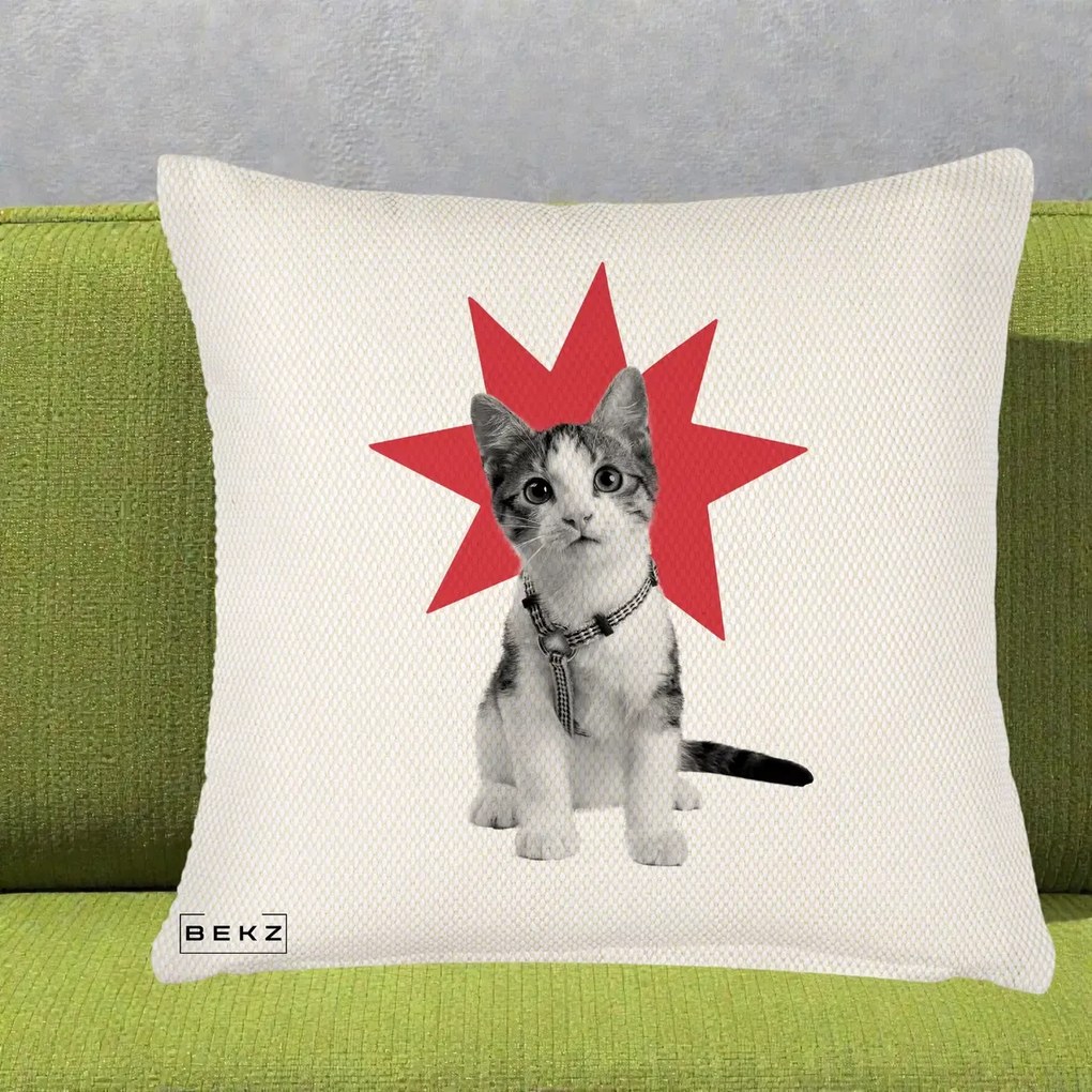 Perna Decorativa Pisica Star Pop Art, 40x40 cm, Crem Reliefat, Husa Detasabila, Perna Inclusa, BEKZ®