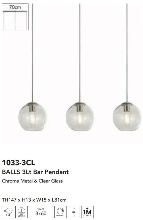 Lustra cu 3 pendule din sticla transparenta Balls