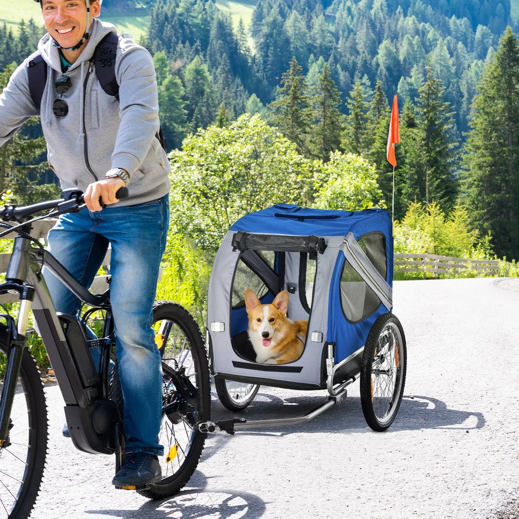 PawHut Remorcă bicicletă pentru câine animale 8 reflectoare steag bară de remorcare inclus 130 x 73 x 90 cm alb și albastru | Aosom Romania