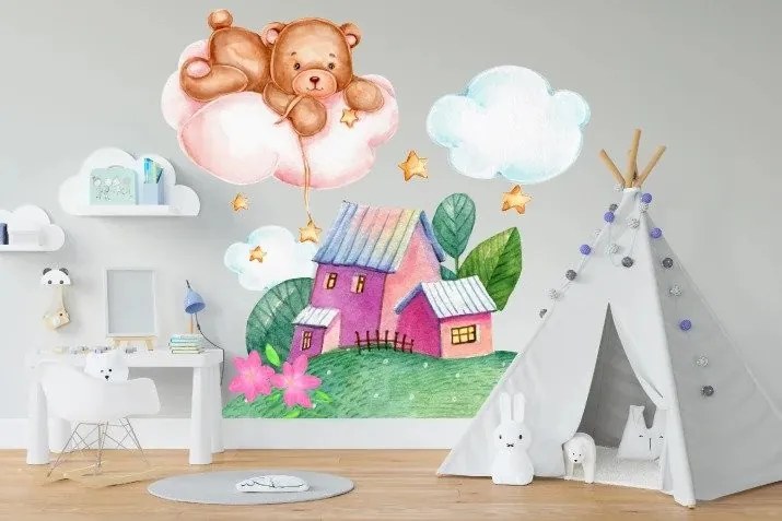 Autocolant de perete pentru copii casă cu zâne și ursuleț 100 x 200 cm