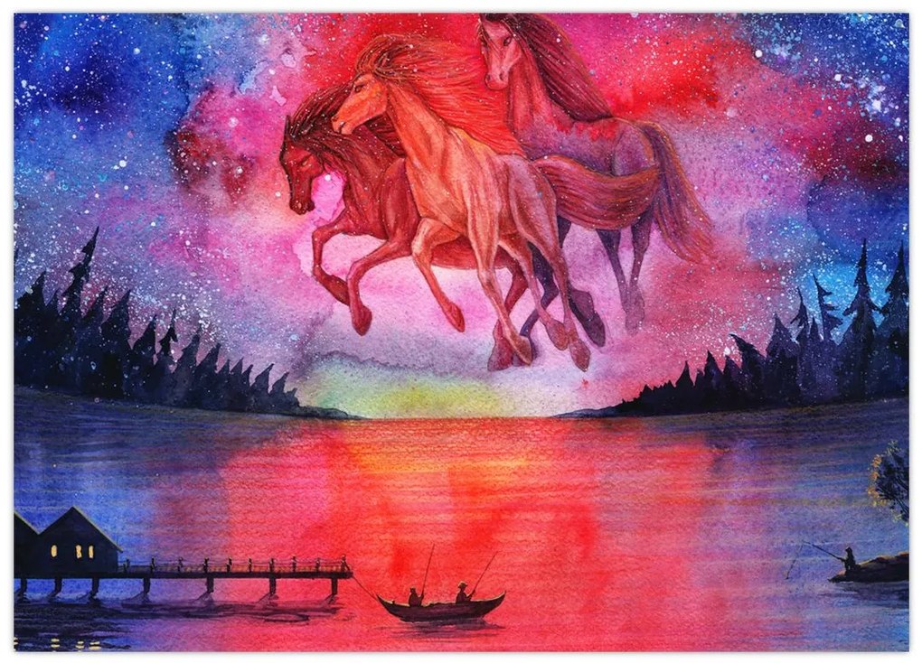 Tablou pe sticlă - Apariția cailor spațiali peste lac, acuarelă (70x50 cm)