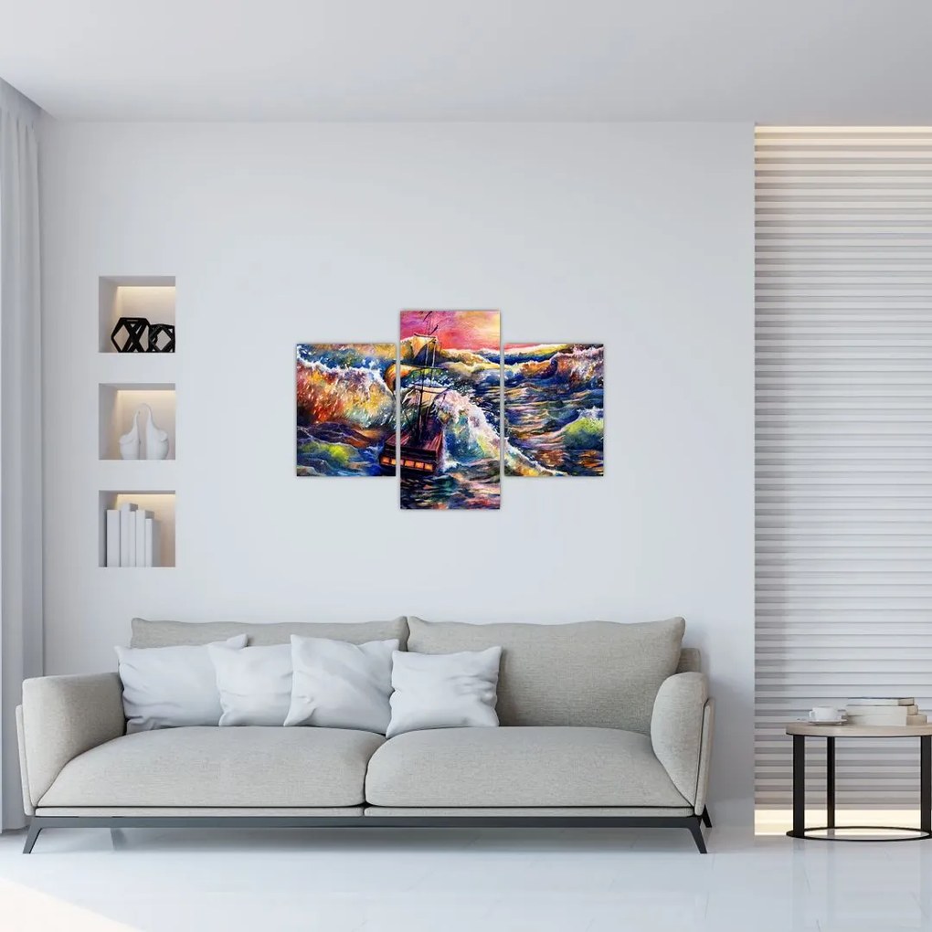 Tablou - Navă pe valurile oceanului, aquarelă (90x60 cm)