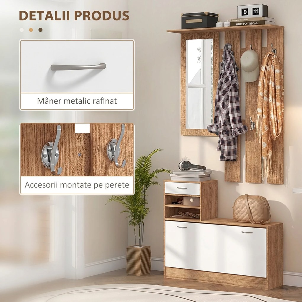 HOMCOM Set Mobilier Modern cu Etajeră pentru Pantofi, Oglindă cu 6 Cârlige, 2 Rafturi și Sertare, 90x24x177 cm, Lemn Natural | Aosom Romania